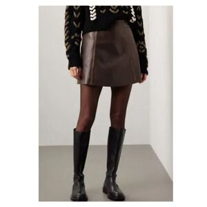 VEDA Leather Skirt Womens 0 Brown Mini Distressed Side Zip Lined